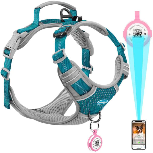 ThinkPet No-Pull Dog Harness with AirTag Holder – Reflective, Front & Back Clip (Teal, M)