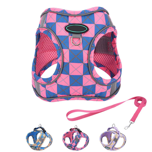 Step-In Dog Harness & Leash Set – Adjustable No-Pull Plaid Mesh Vest (Blue/Pink, XS)