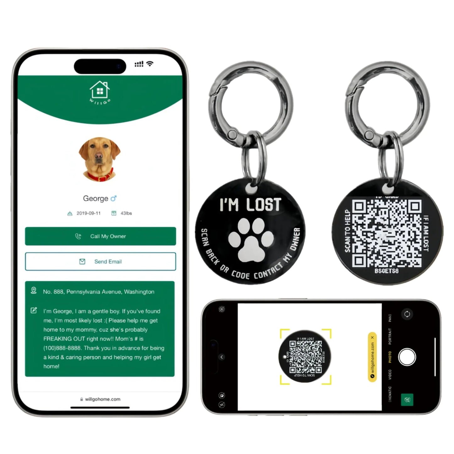 QR Code Pet ID Tag – Stainless Steel Smart Dog & Cat Tag with Instant Location Alerts (Black)