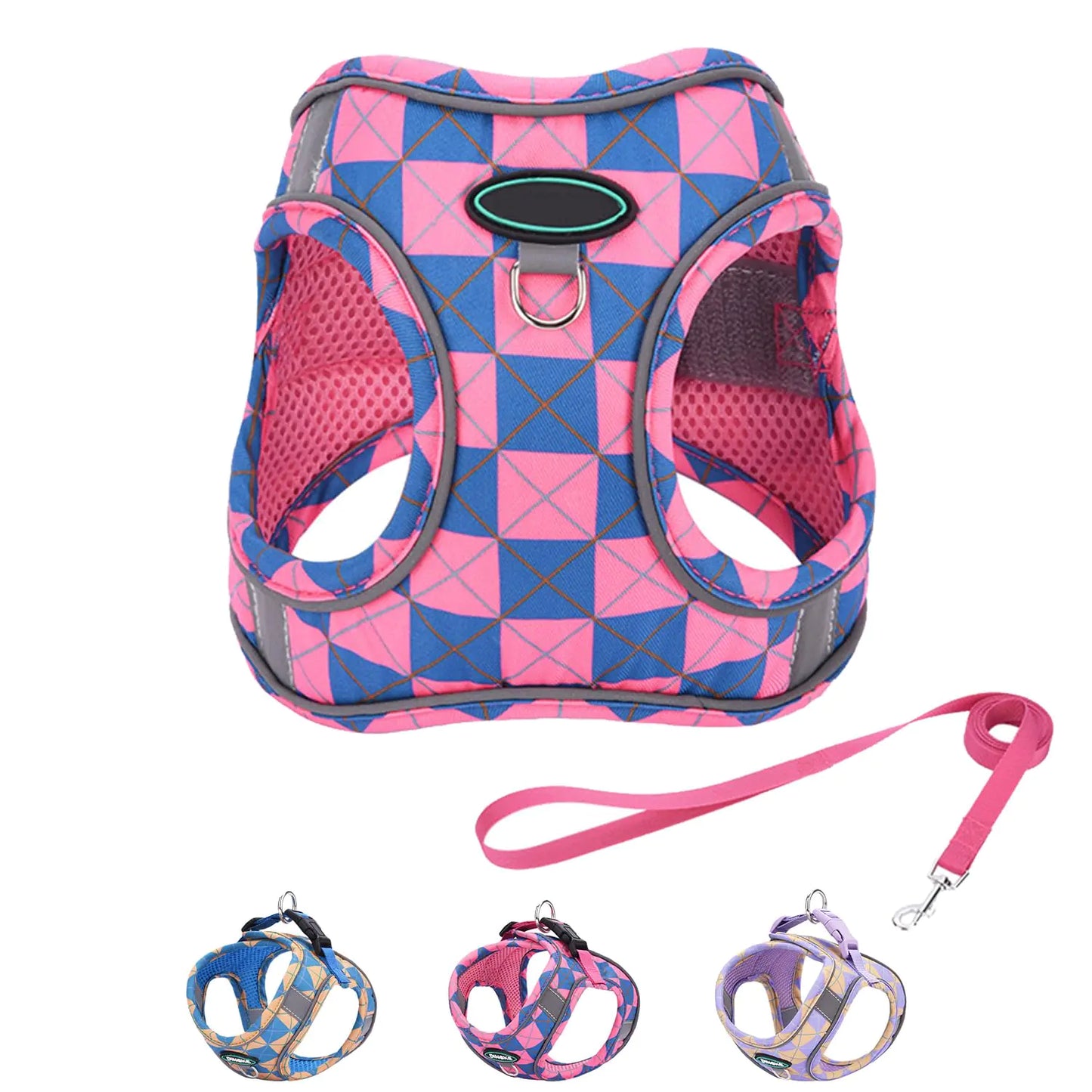 Step-In Dog Harness & Leash Set – Adjustable No-Pull Plaid Mesh Vest (Blue/Pink, XS)